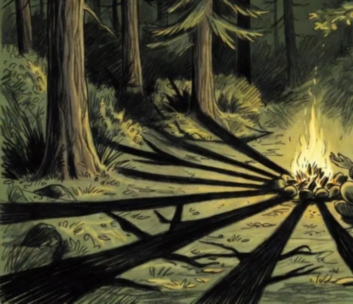 Mroczny, rysowany węglem las z charakterystyczną oprawą Don’t Starve