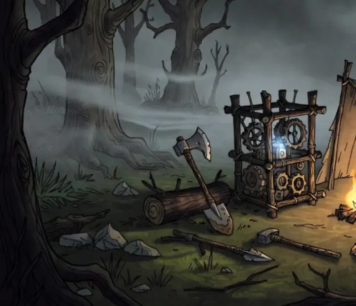 Rysunkowa scena obozu z ogniskiem i stołem rzemieślniczym w Don’t Starve: Pocket Edition, otoczonego nieznaną dziczą.