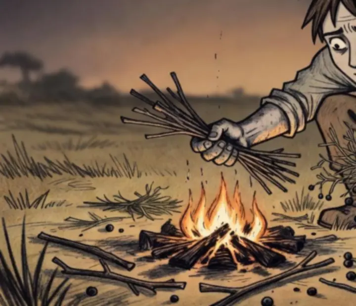 Poglądowa scena z pierwszego dnia w Don’t Starve: Pocket Edition, z postacią zbierającą trawę, gałęzie i jagody przed nadchodzącą nocą.