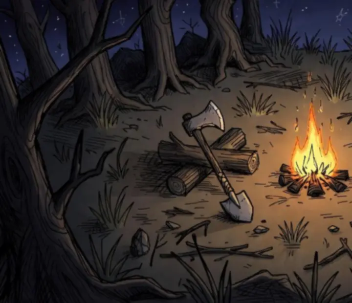 Improwizowany obóz z ogniskiem w Don’t Starve: Pocket Edition podczas pierwszej nocy