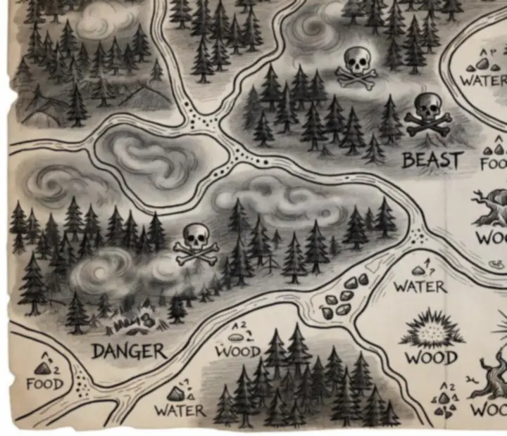 Ręcznie rysowana mapa z trasą eksploracji w Don’t Starve: Pocket Edition