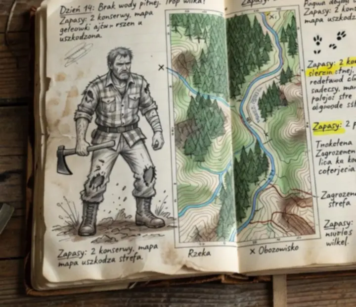 Ilustrowany dziennik ocalałego z mapą dzikiej, mrocznej krainy Don’t Starve