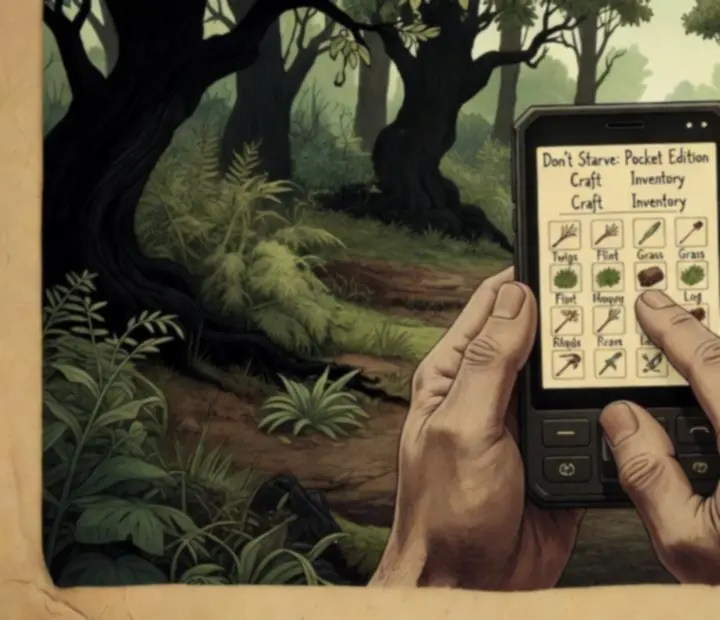 Interfejs dotykowy Don’t Starve: Pocket Edition podczas rozgrywki, z widocznym ekwipunkiem i ikonami działań.