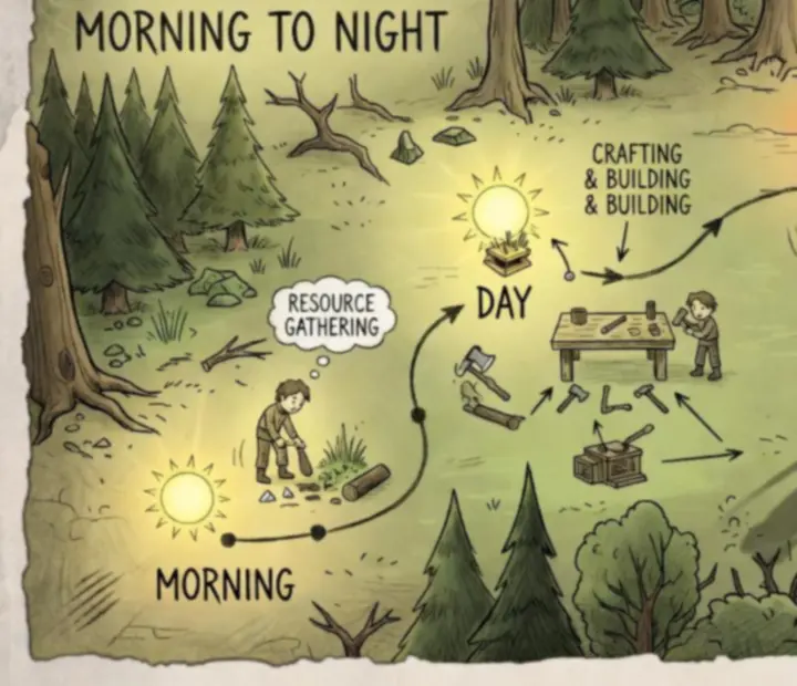 Schematyczna mapa cyklu przetrwania w Don’t Starve: Pocket Edition, z zaznaczonymi fazami dnia, zbierania surowców i powrotu do ogniska.